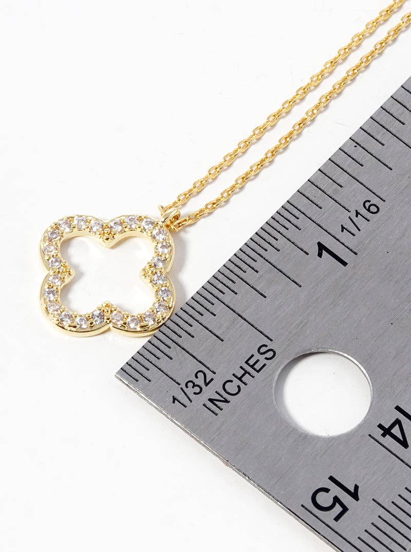 18K Gold Dipped Cz Pave 15Mm Quatrefoil Pendant Necklace: Rhodium