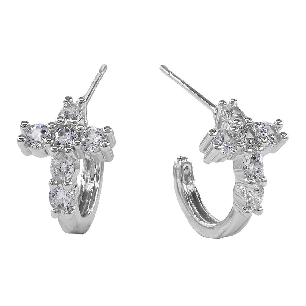 Gold Dipped CZ Cluster Cross Mini Open Hoop Earrings: Gold