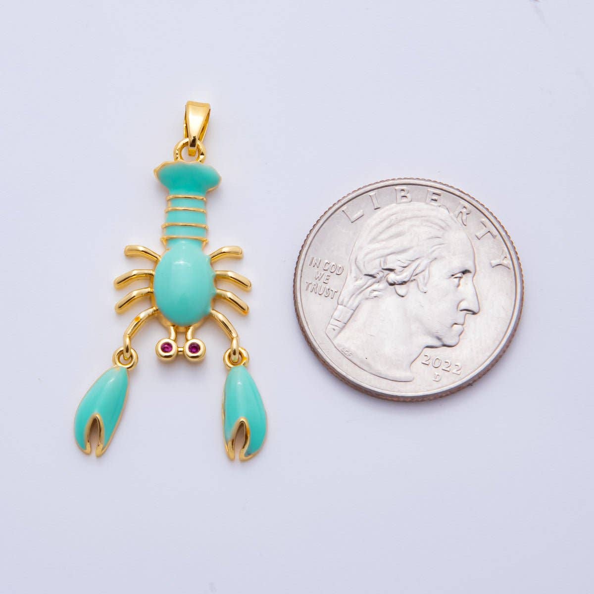 18K Gold Filled 39mm Red, Purple, Green Enamel CZ Crustacean Lobster Pendant | AH798 AH799: Red