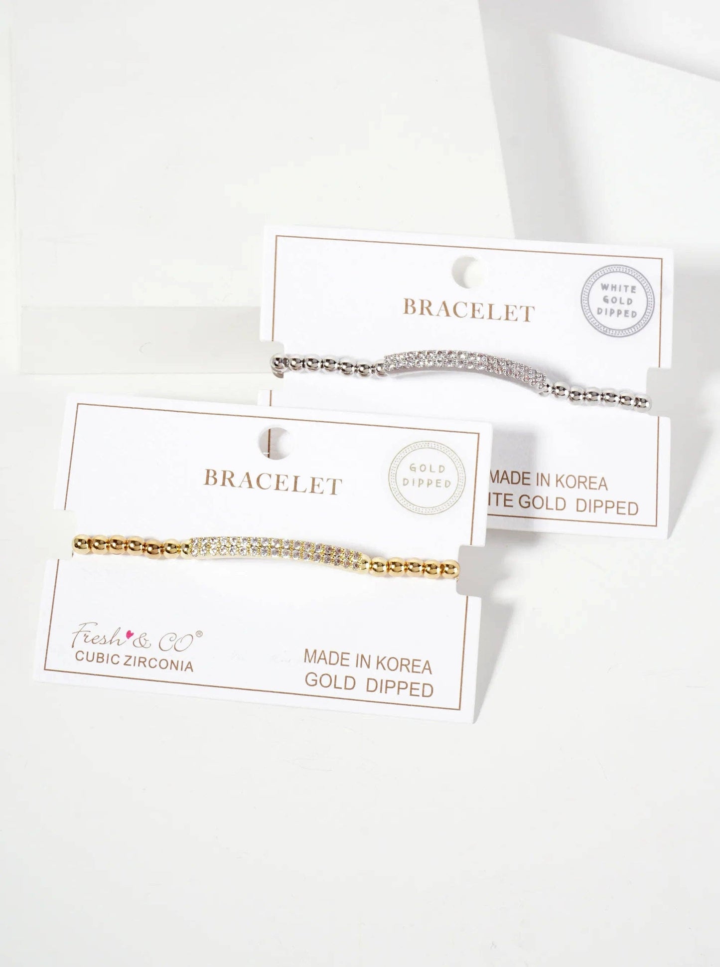 18K-Gold-Dipped Polished Brass 4mm Beaded Stretch Bracelet With CZ Pave-Set Curved Bar Accent: Gold