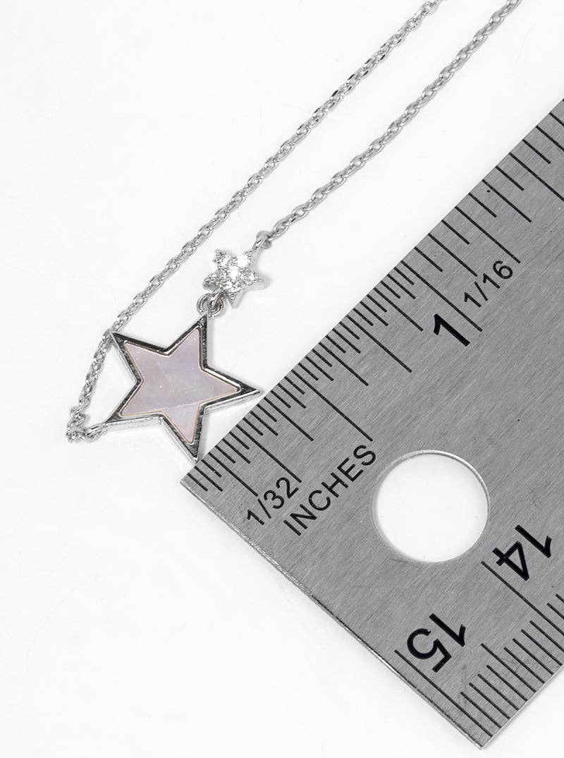 White Gold CZ MOP Double Star Pendant Necklace: Gold