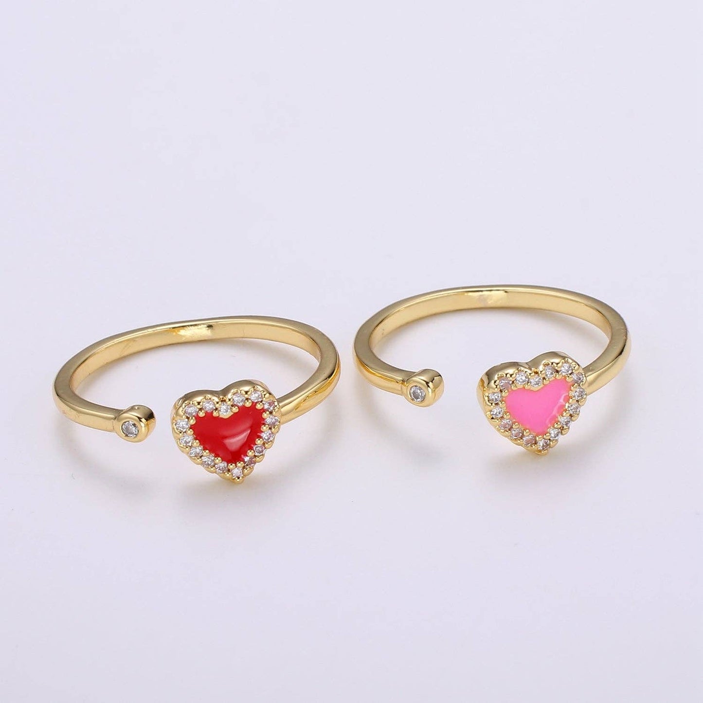 1pc 24K Gold Enamel Cubic Heart Ring, Pink Epoxy Love CZ Pendant Charm, Solitaire Cubic Zirconia Design Band For DIY Jewelry R317,318: Red
