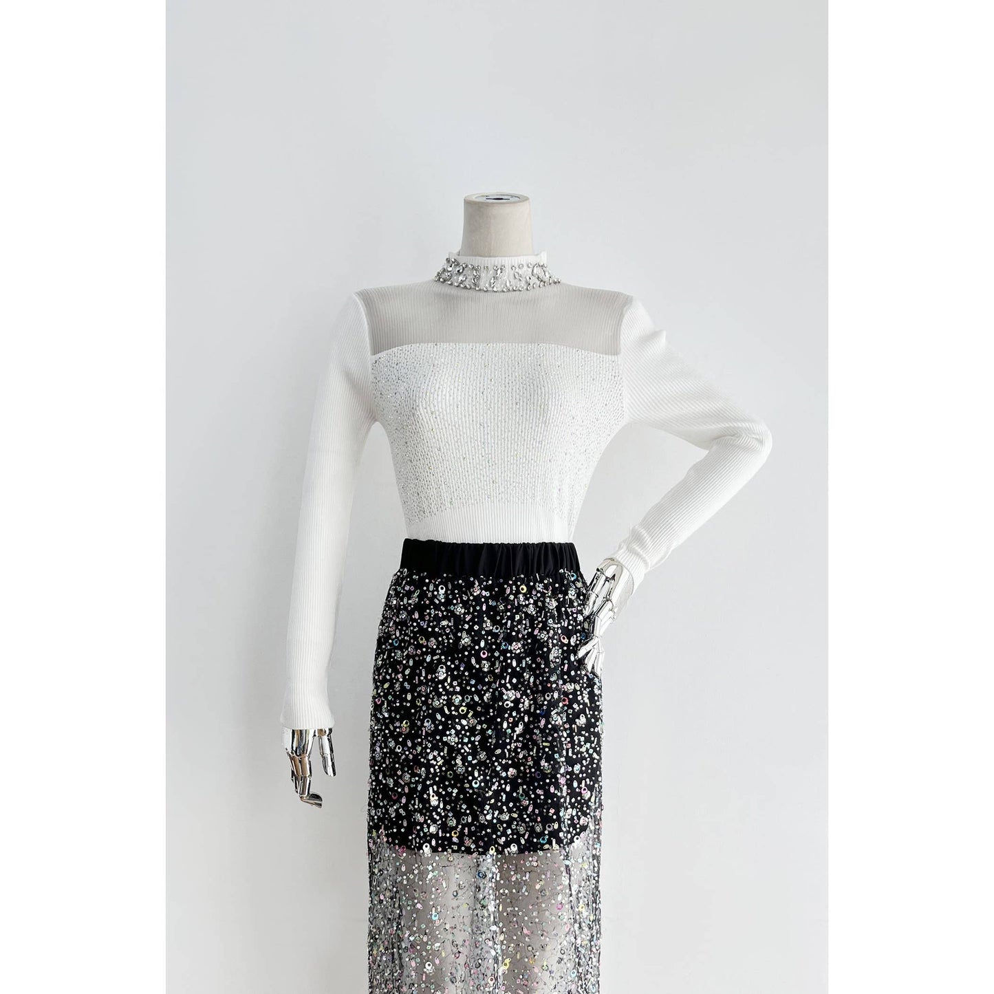 Contrast Fabric Jeweled Blouse: WHITE / ONE SIZE