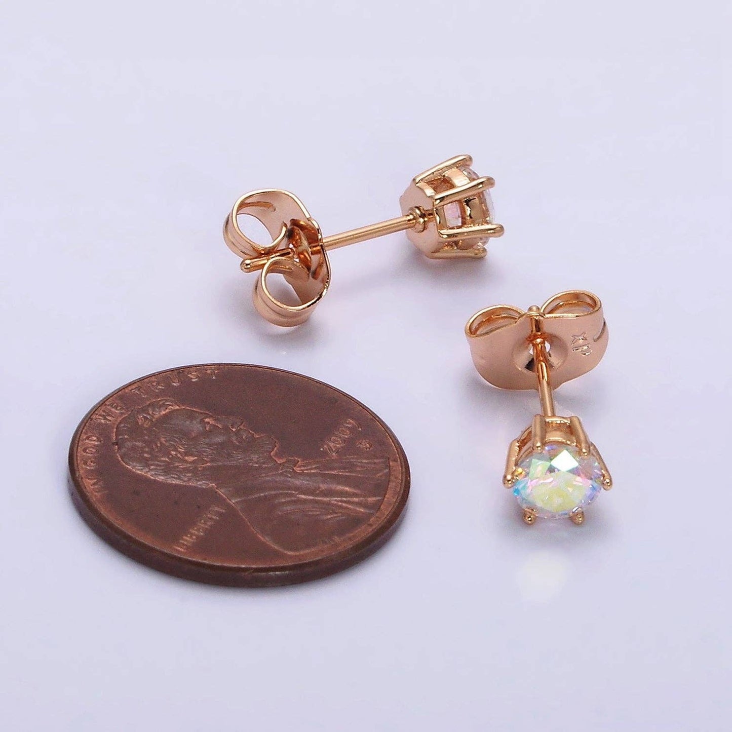 16K Gold Filled 6mm Round Iridescent AB CZ Stud Earrings