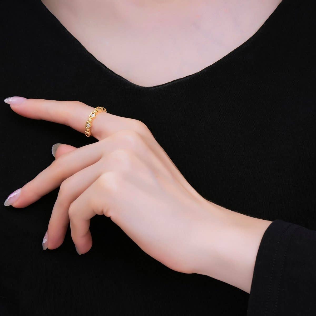 24K Gold Filled Micro Paved CZ Half-Circle Heart Adjustable Ring | O-1454