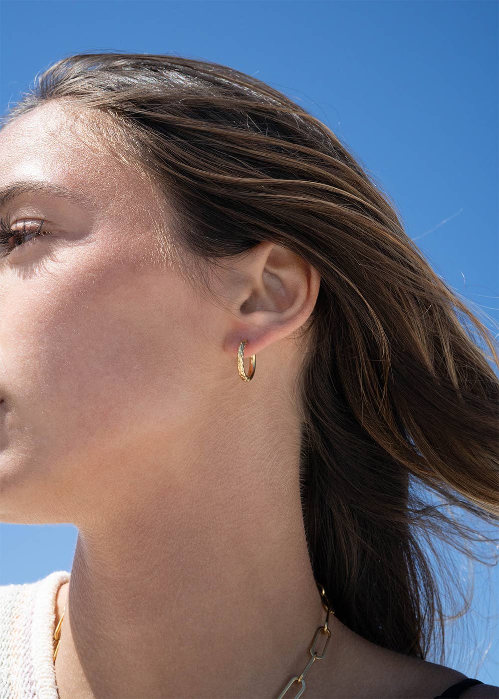 18K Gold PVD Stainless Steel Half Textured Huggie Hoop Earrings / ERJ0030: Stainless / 17mm