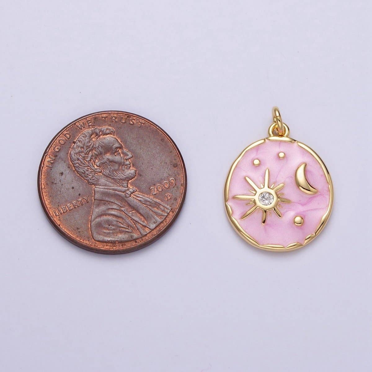 16K Gold Filled Celestial Sun Star Crescent Moon White, Blue, Pink Sparkly Enamel Round Stamped Charm in Gold & Silver | AC1356 - AC1361: Gold / Pink