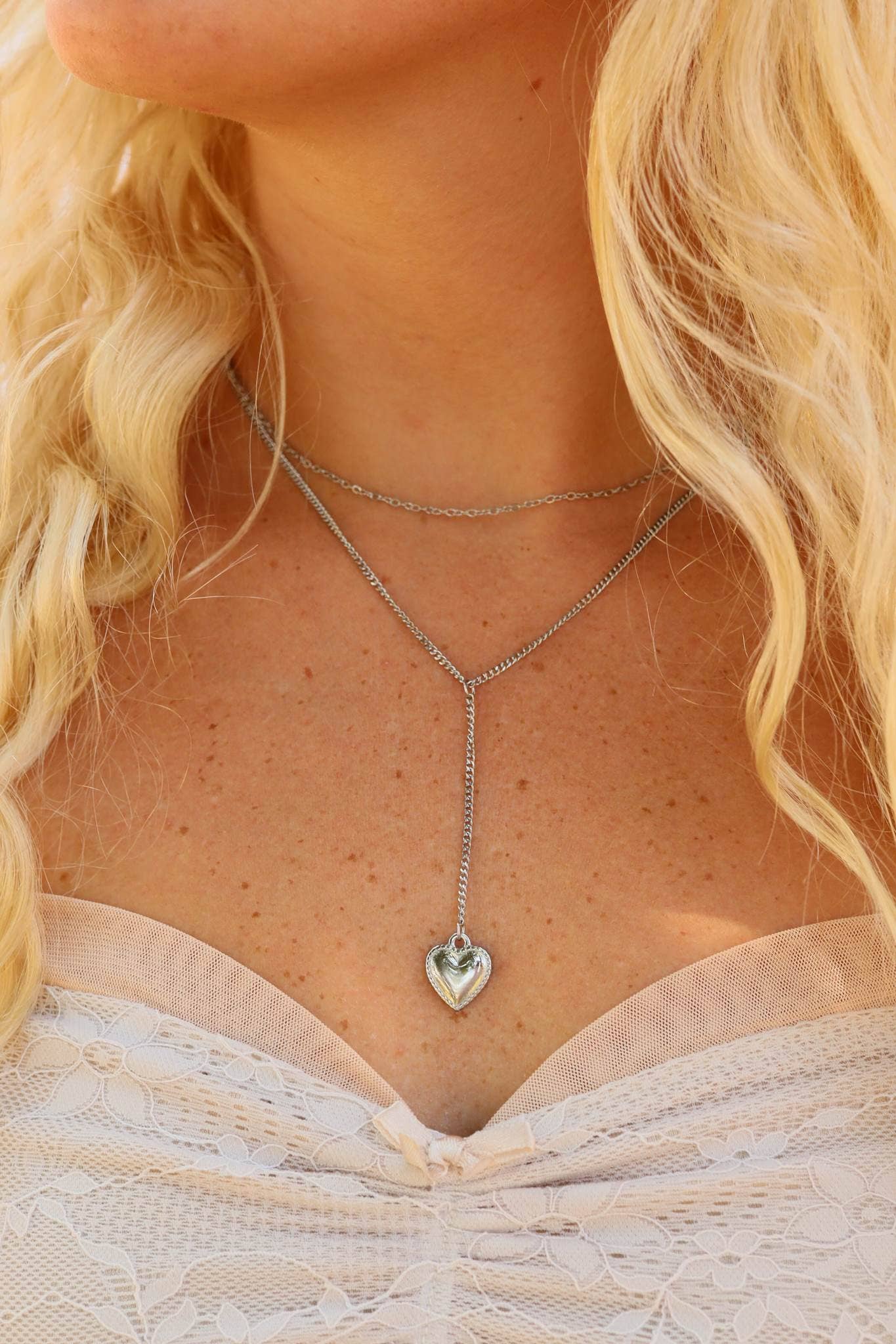 18K Gold PVD Stainless Steel Layered Lariat Heart Charm Necklace: Stainless