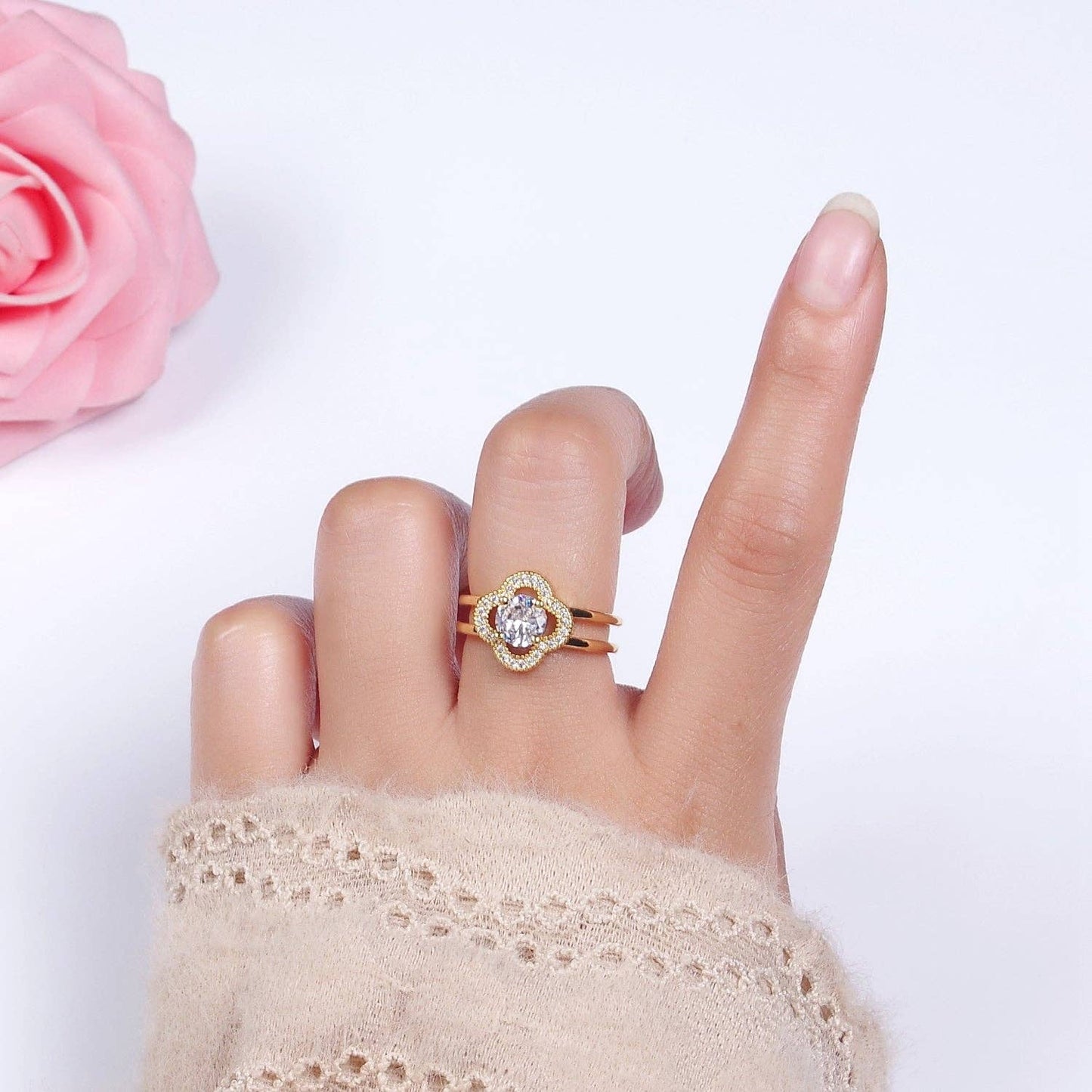 14K Gold Filled Clear CZ Quatrefoil Clover Double Band Ring