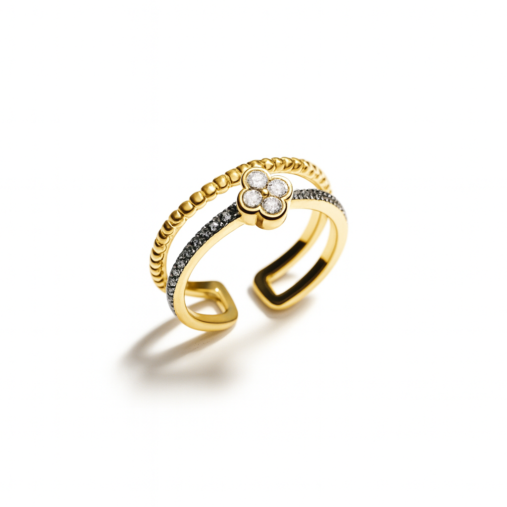 Golden Adjustable Double Band Ring – CZ Flower Detail