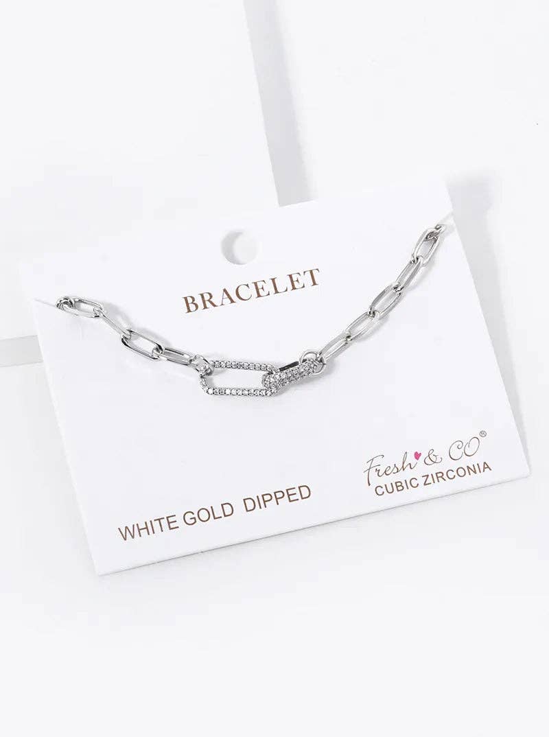 White Gold Dipped CZ Pave Link Chain Bracelet: Gold