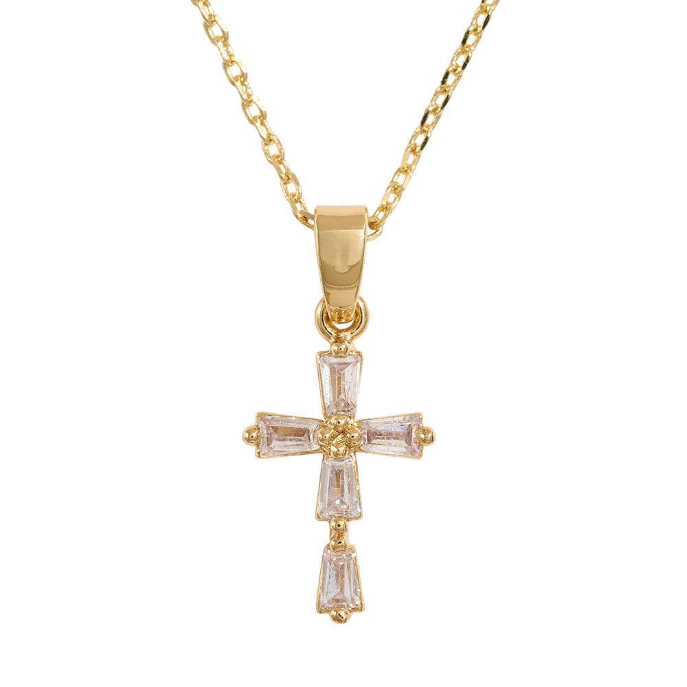 14K Gold Dipped Baguette Cut CZ Stone Cross Pendant Necklace: Silver