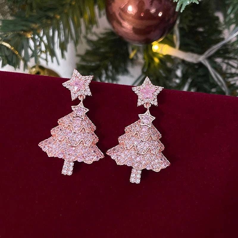 Christmas Tree Alloy Rhinestone Earrings E8648: Green