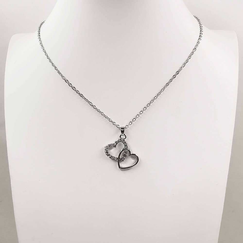 Gold Dipped Rhinestone Paved Layered Double Heart Pendant Necklace: Clear,Gold