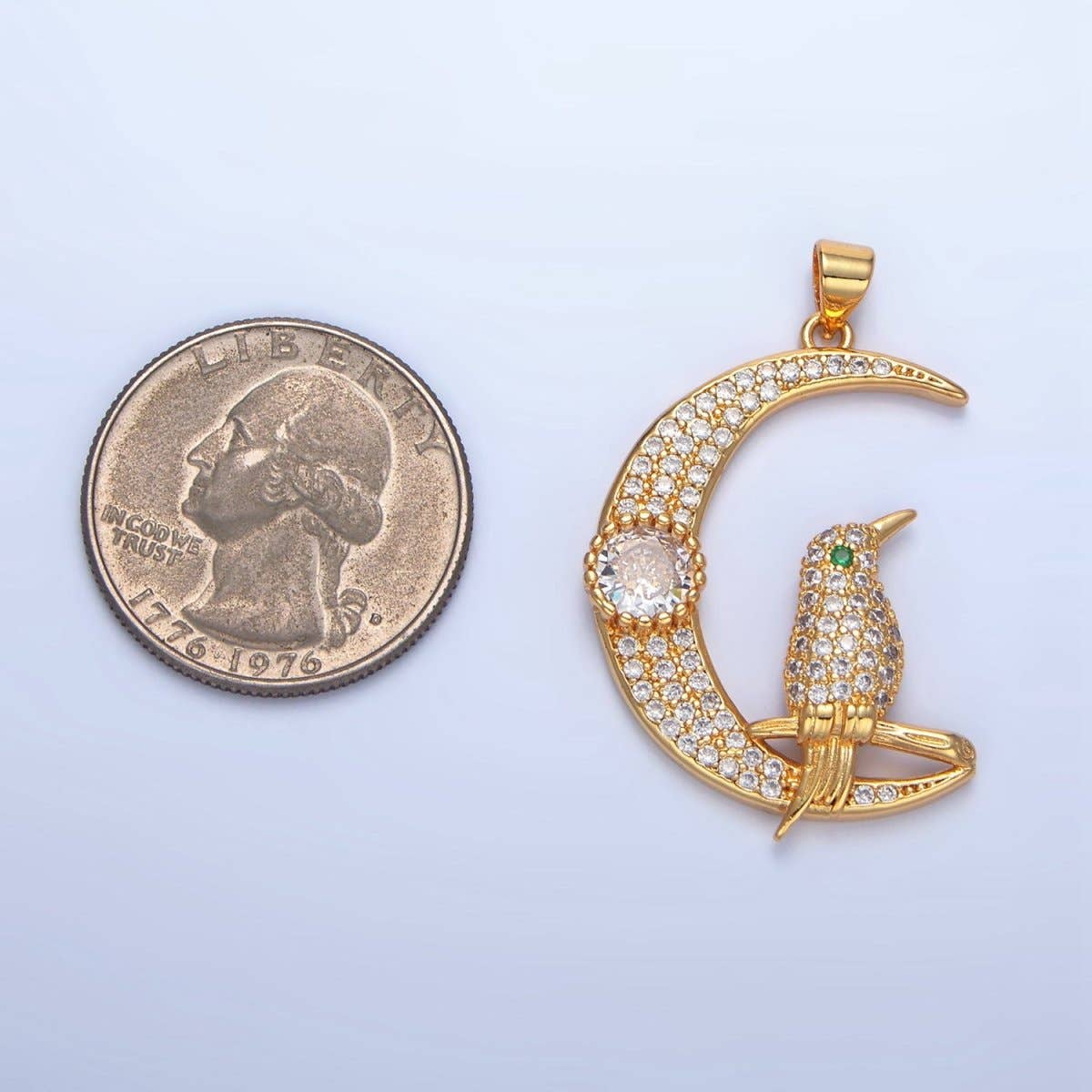 24K Gold Filled Bird Celestial Crescent Moon Micro Paved CZ Pendant | AA786