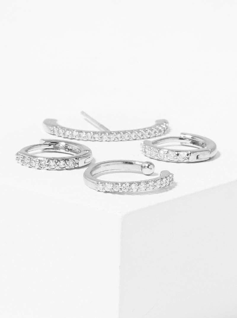 4pcs Assorted White Gold Dipped CZ Hoop Earrings With Ear Cuffs: Gold