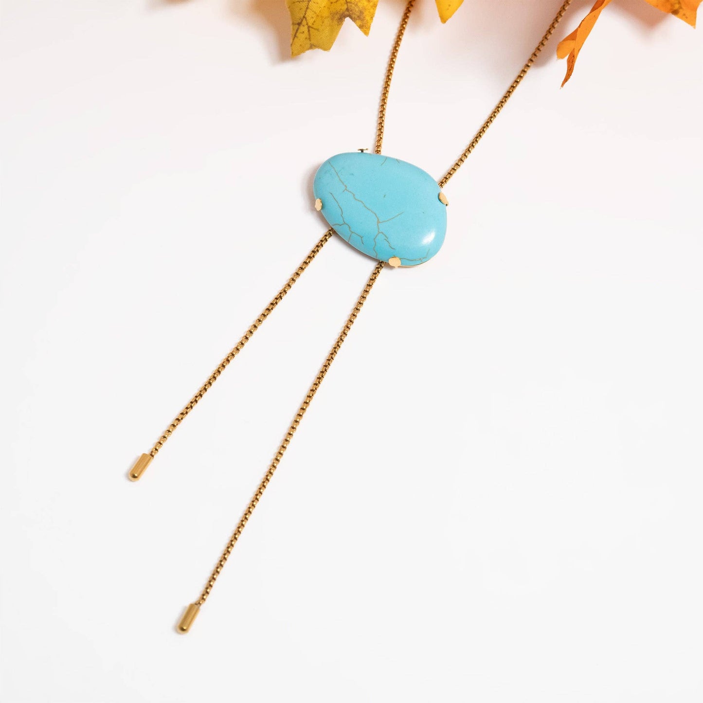 18K Gold PVD Stainless Steel Turquoise Charm Bolo Necklace: Stainless