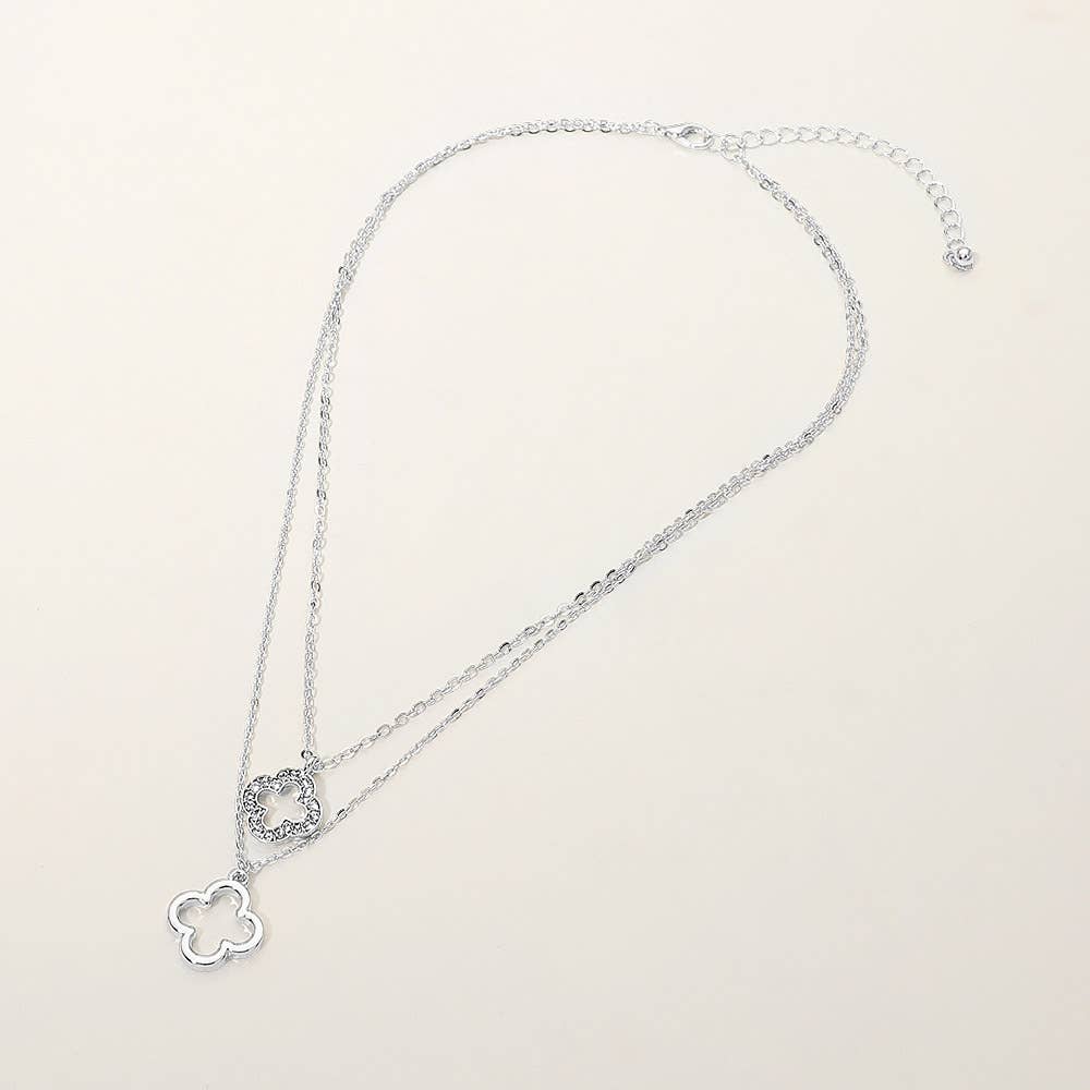 Gold Dipped Double Quatrefoil Pendant Layered Necklace: Clear,Gold