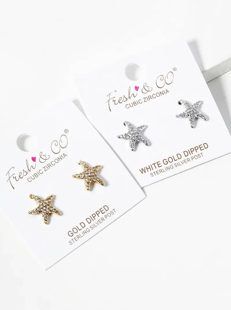 White Gold Dipped CZ Pave Starfish Post Stud Earrings: Gold