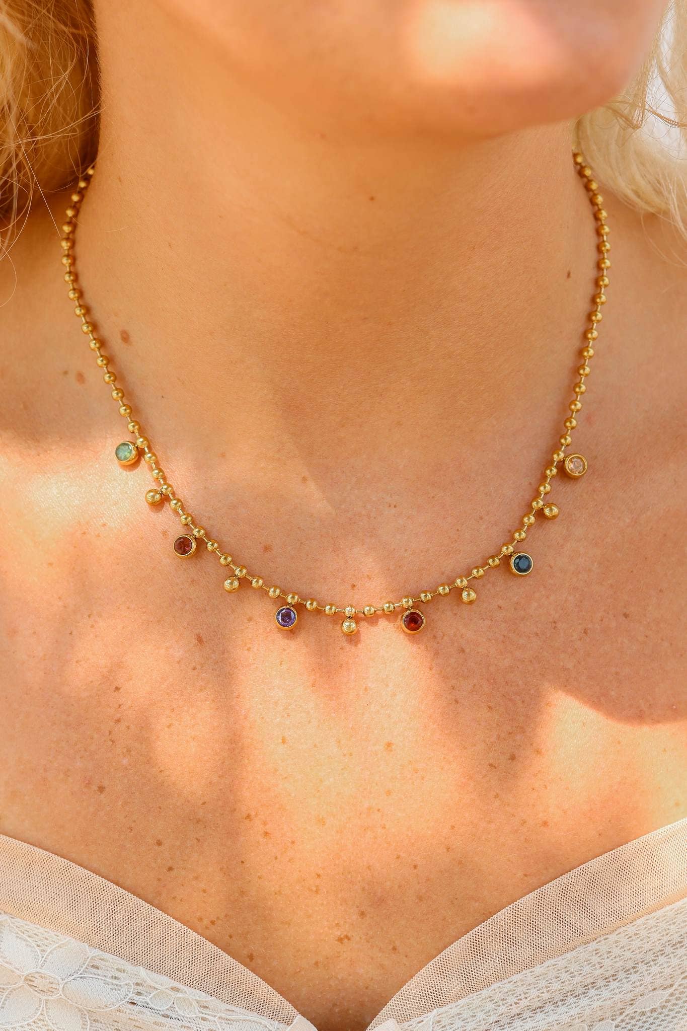 18K Gold PVD Stainless Steel Multicolor Beaded Charm Necklace: Gold