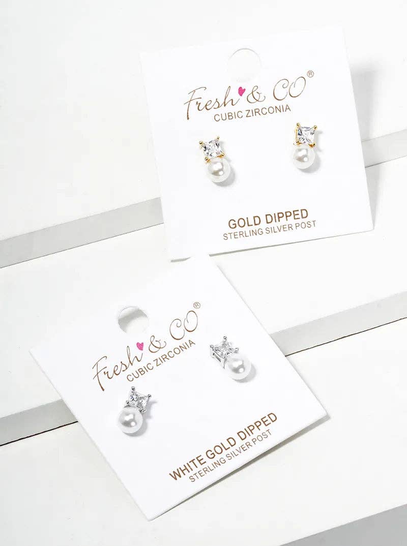White Gold CZ Stone Pearl Drop Stud Earrings: Gold