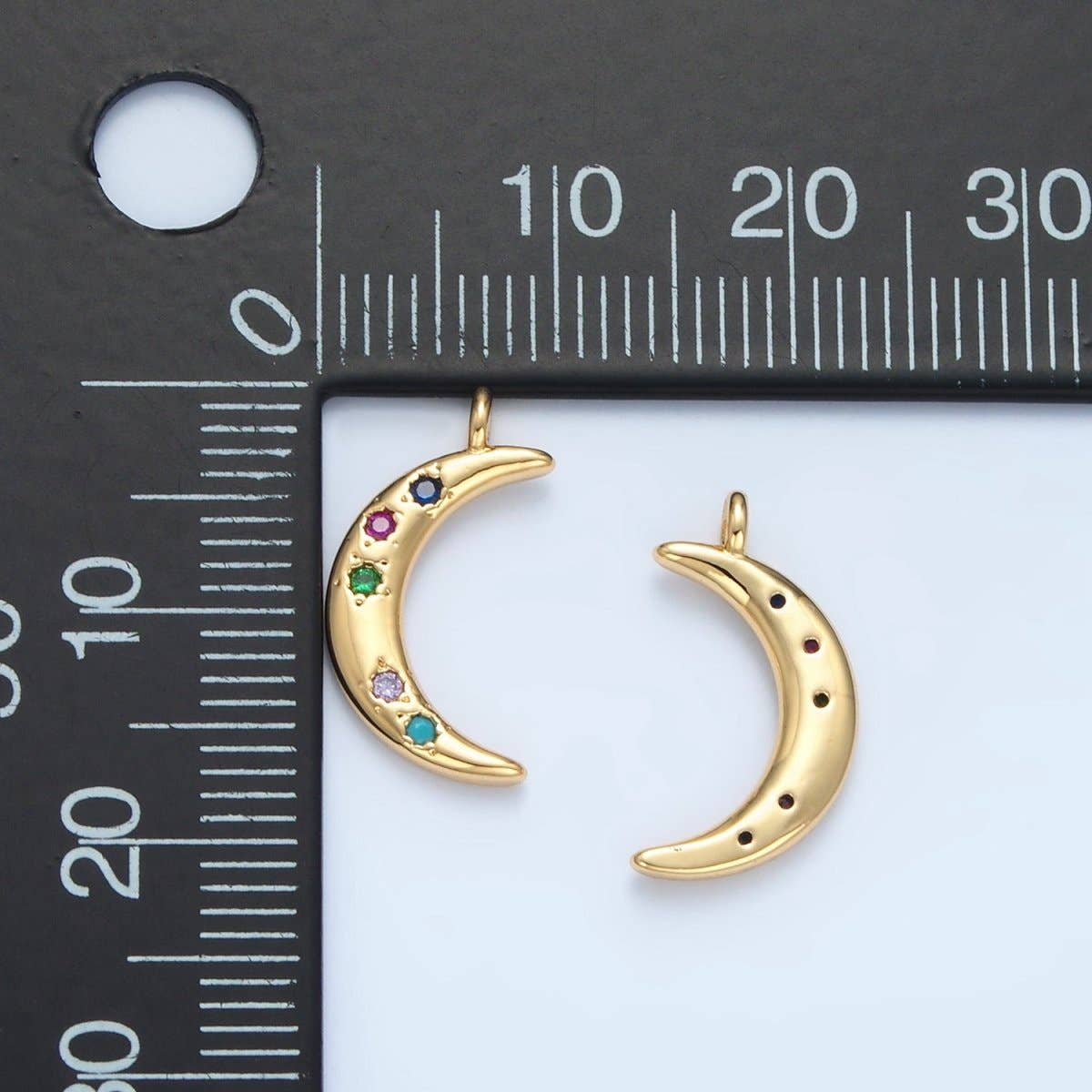24K Gold Filled Multicolor CZ Celestial Crescent Moon Charm | E375