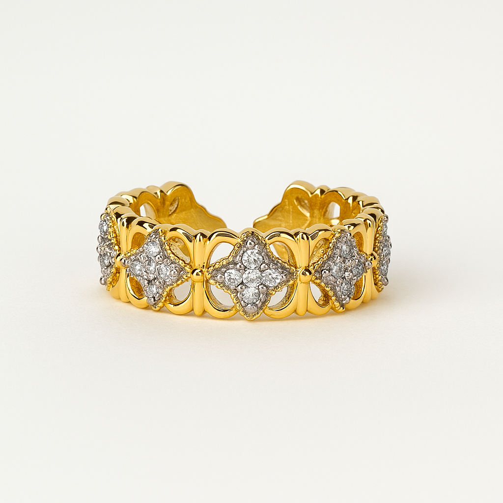 Clover Crown Ring – Gold CZ Linked Floral Band