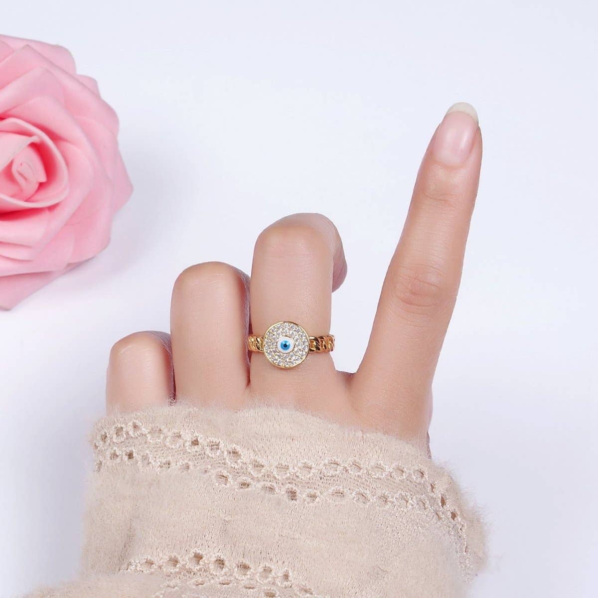 14K Gold Filled Red, White Evil Eye Enamel Round Clear Micro Paved CZ Curb Link Adjustable Ring | O-594 O-595: White