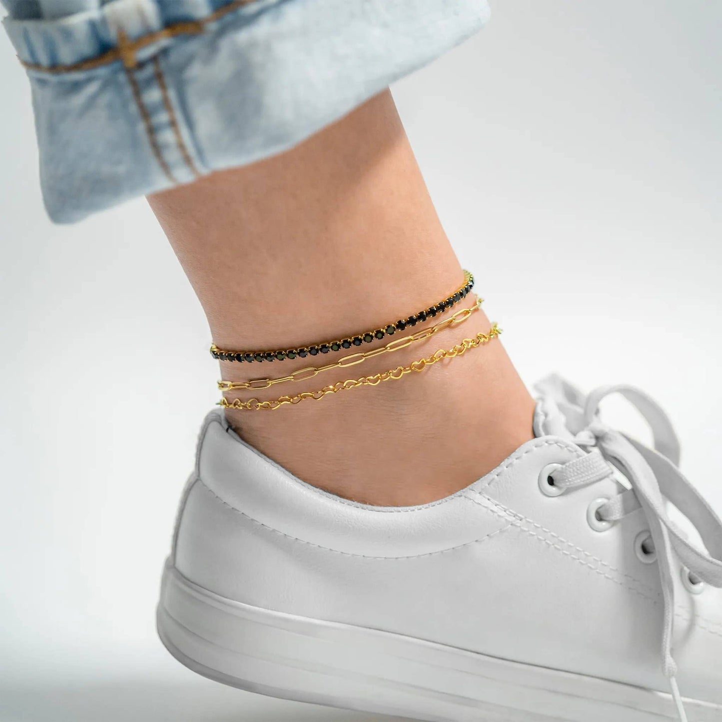18K Gold PVD Jet Black Tennis Chain Bracelet / Anklet: 7.5"+1" / 3mm