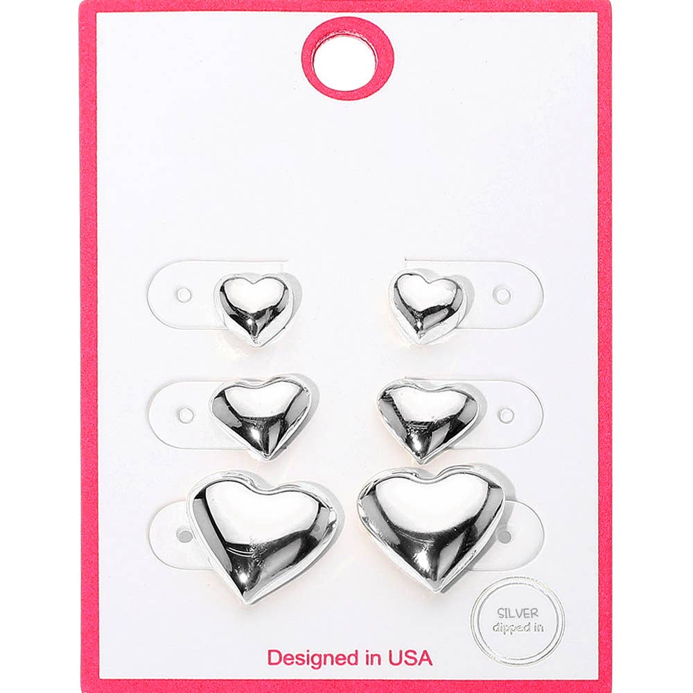 3Pairs - Gold Dipped Graduated Size Metal Puffy Heart Stud Earrings: Gold