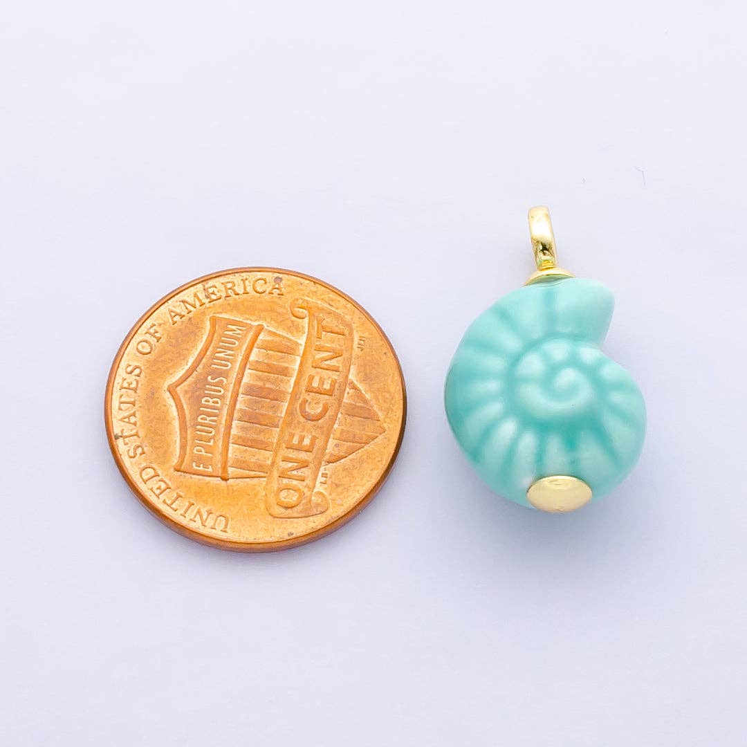 24K Gold Filled Blue, Pink Nautilus Clam Sea Shell Ceramic Drop Charm | N081: Blue