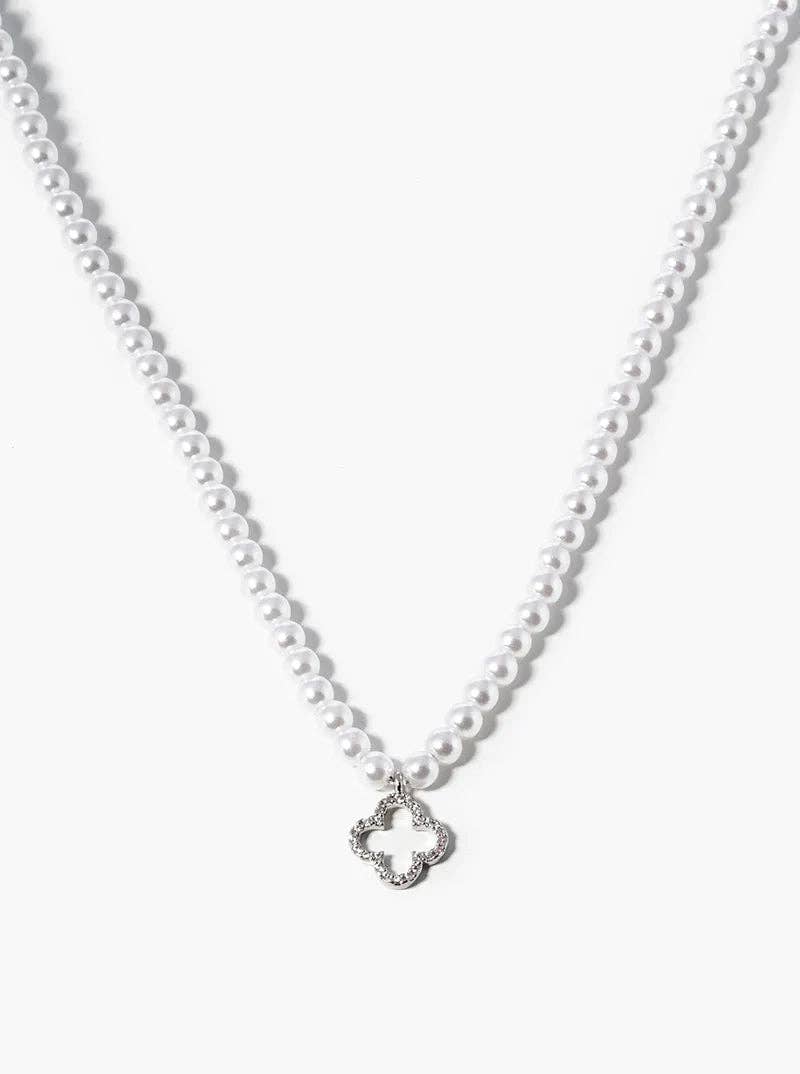 White Gold CZ Quatrefoil Pendant Pearl Beaded Necklace: Gold