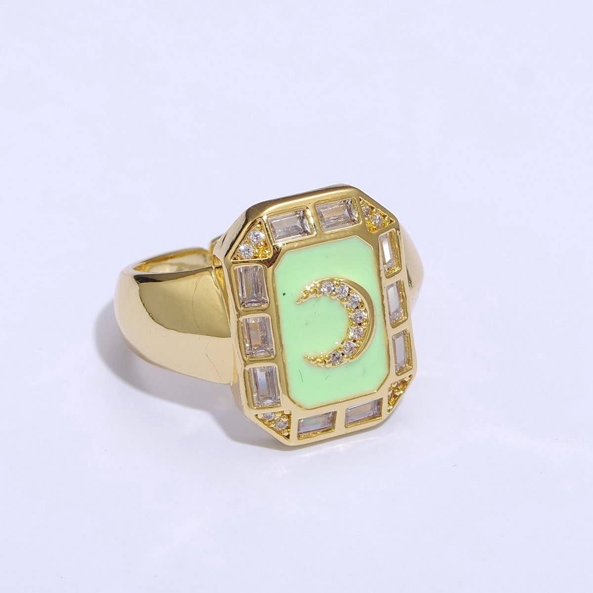 Crescent Moon Spinel Signet Ring Gold Chunky Ring Celestial Enamel Colorful Cz Jewelry U-001~U-005: White