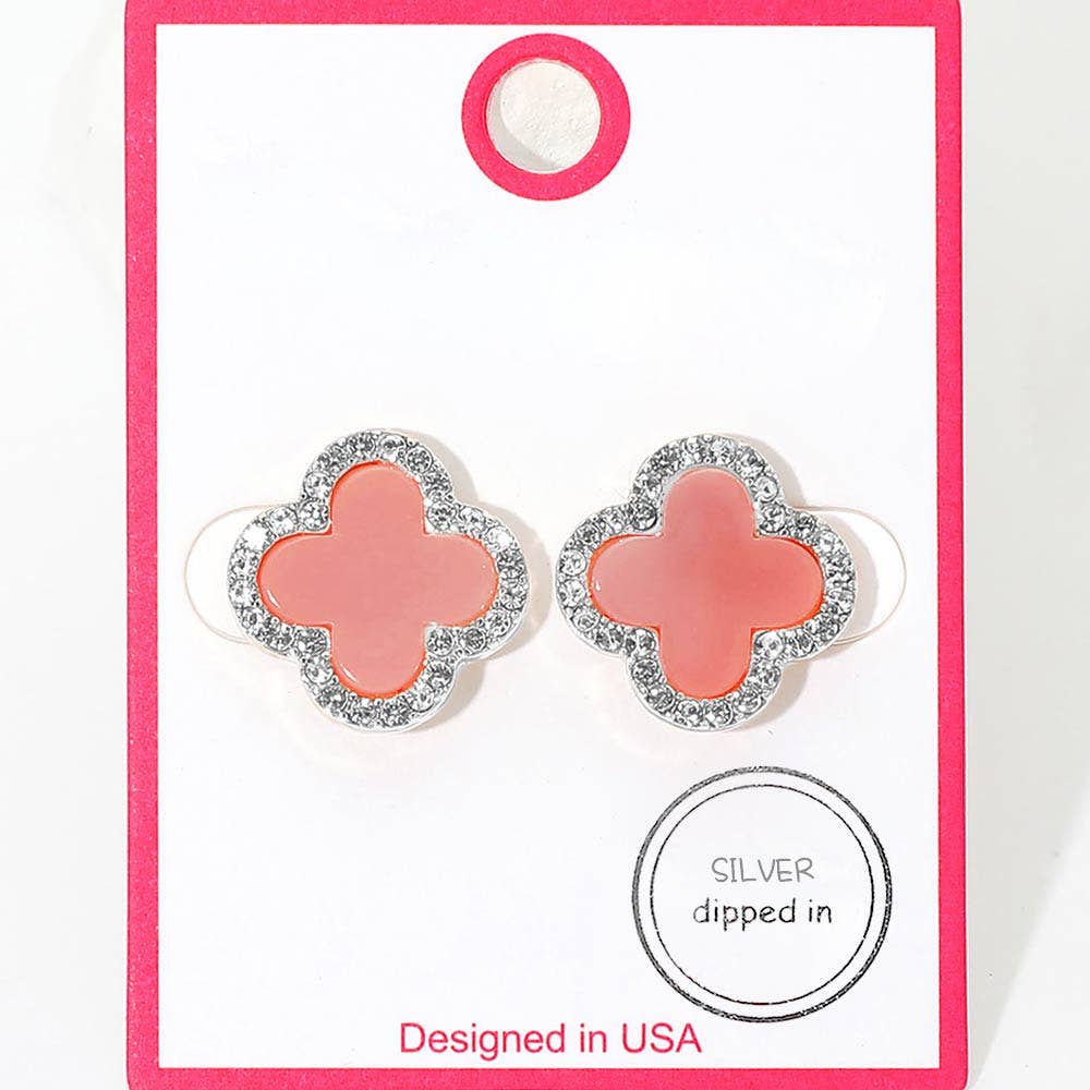 Gold Dipped Rhinestone Rim Quatrefoil Stud Earrings: Gold,Red