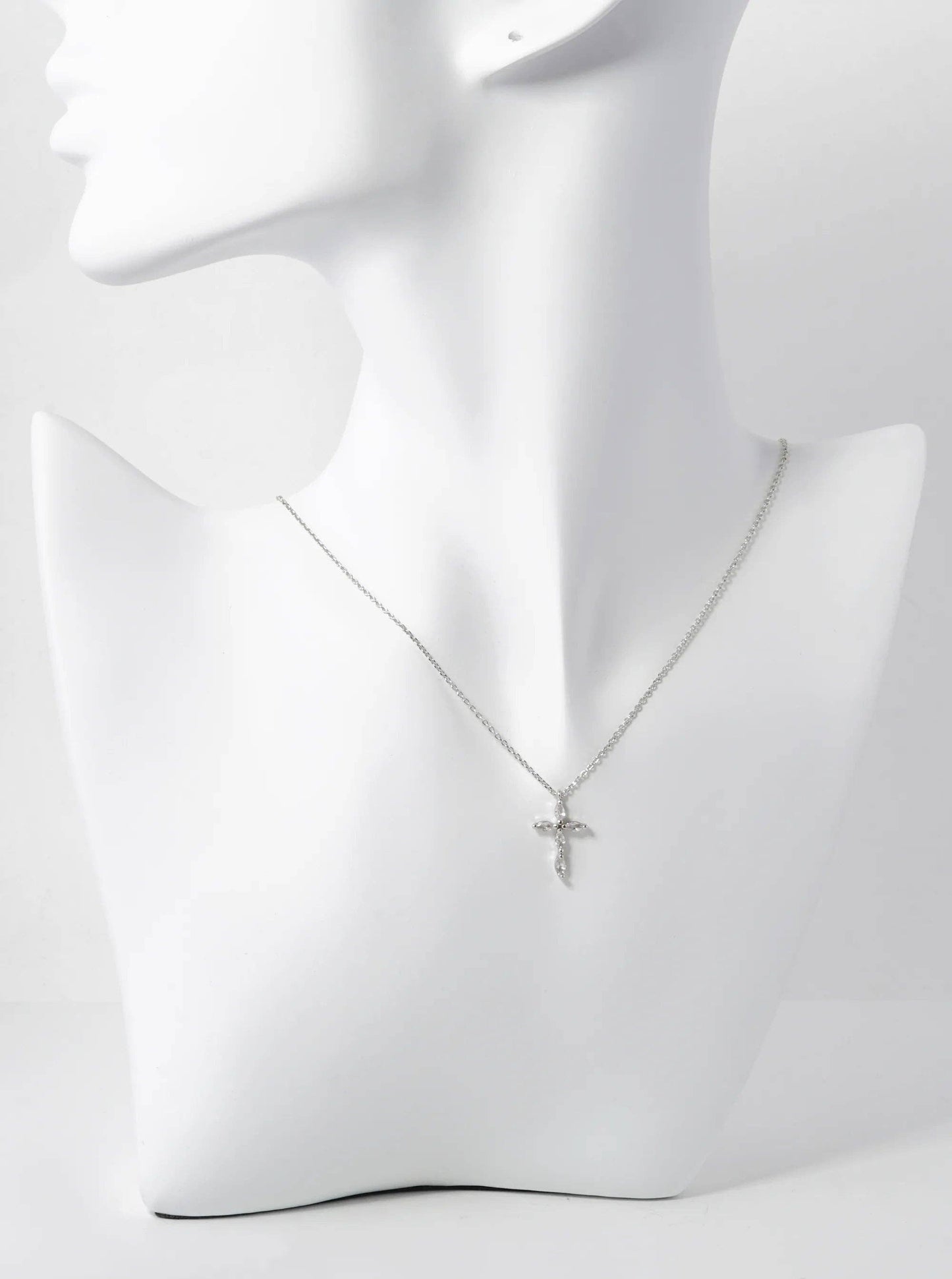 White Gold Dipped 16mm Marquise Shaped Cubic Zirconia Stone Cross Pendant Necklace: Gold