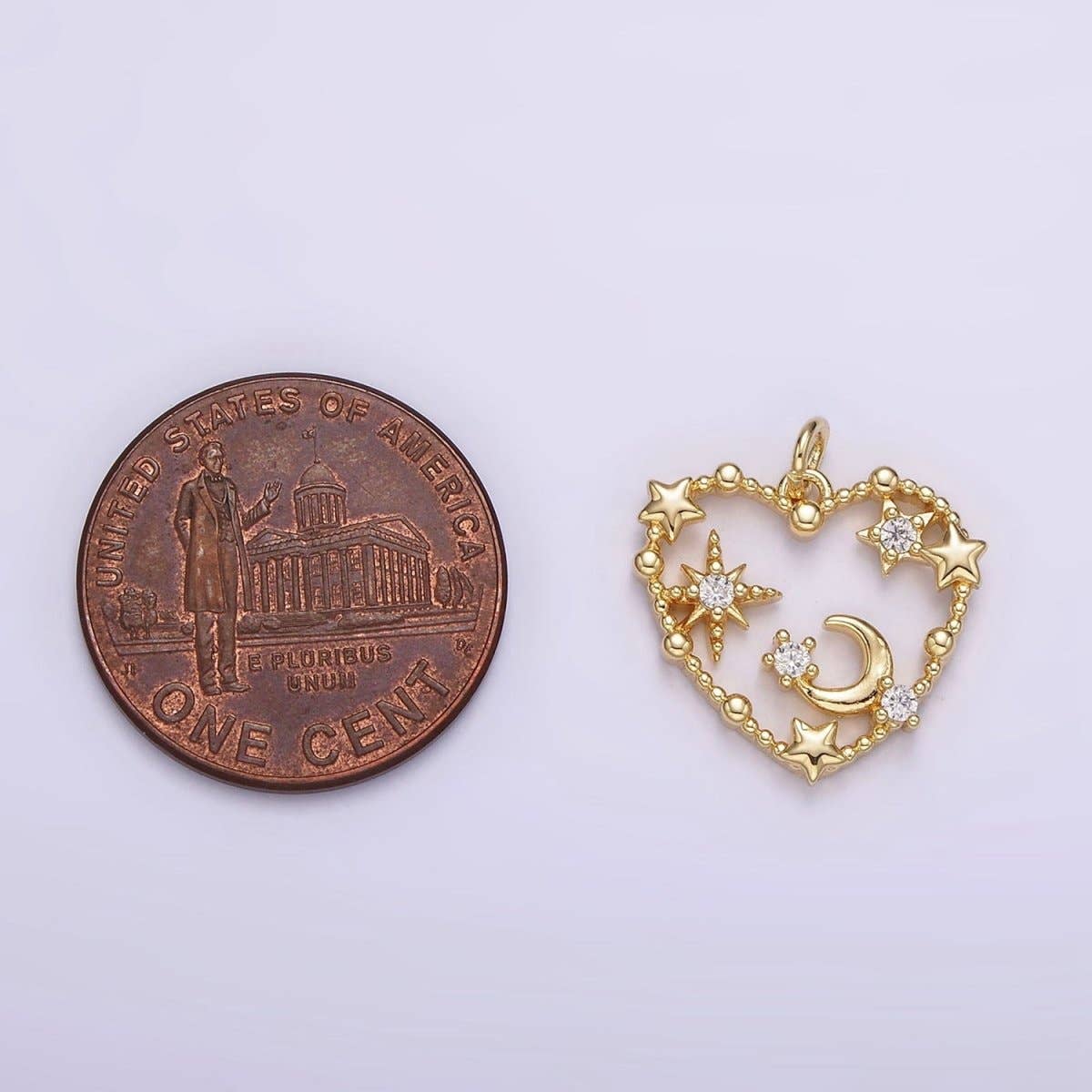 14K Gold Filled Celestial Star Crescent Moon CZ Dotted Open Heart Charm | AG419