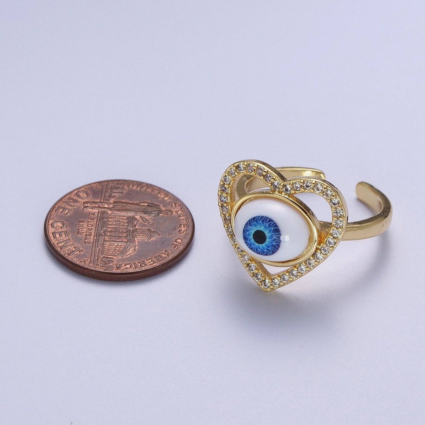 Blue Evil Eye Heart Love MicroPaved CZ Bezel Open Ring O2004