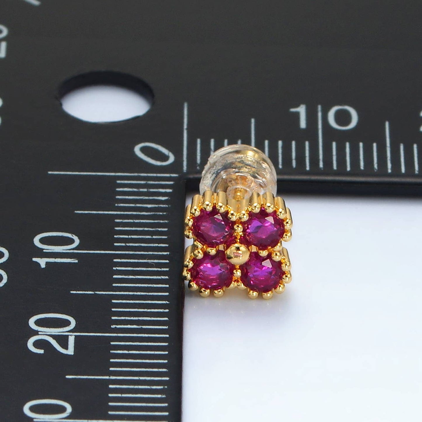 24K Gold Filled Fuchsia, Black, Clear Clover Stud Earring: Clear