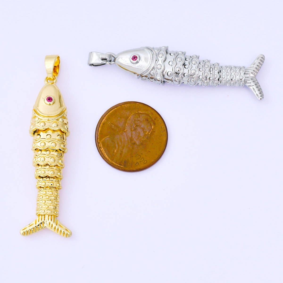 24K Gold Filled 43mm Fuchsia CZ Dotted Sardine Fish Multidimensional Charm in Gold & Silver | AA1620: SILVER