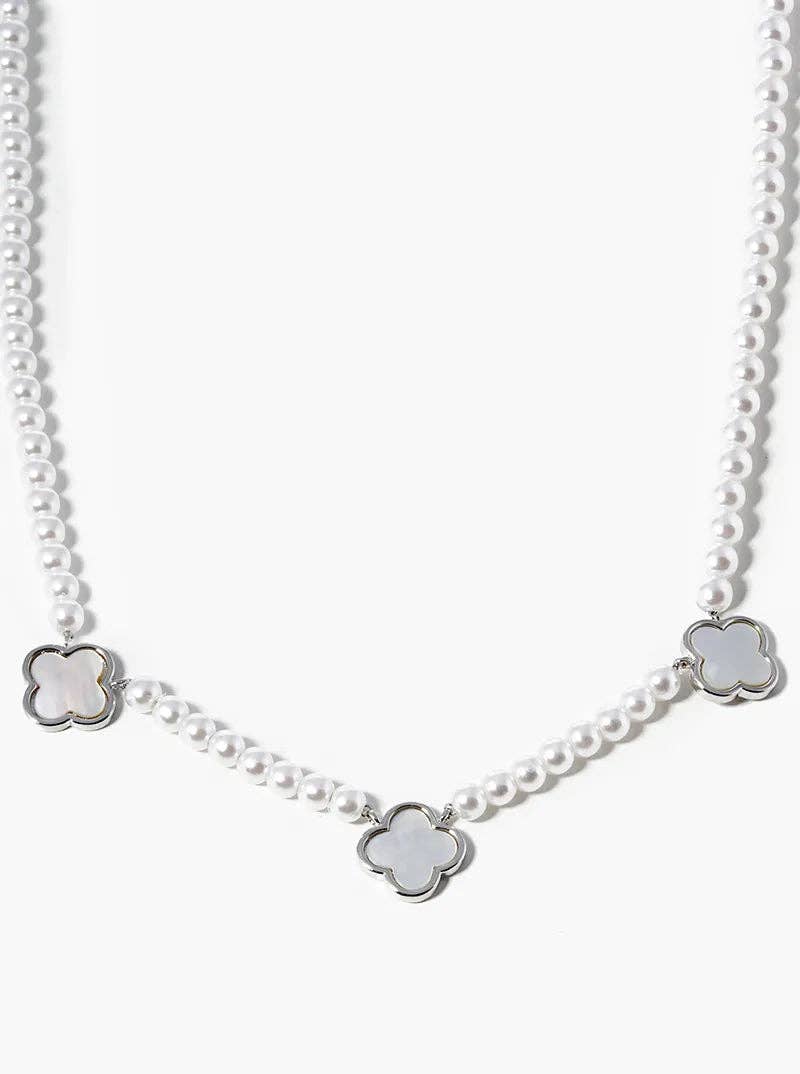 White Gold Dipped Three 10mm Mother Of Pearl Quatrefoil Pendant Necklace: Gold