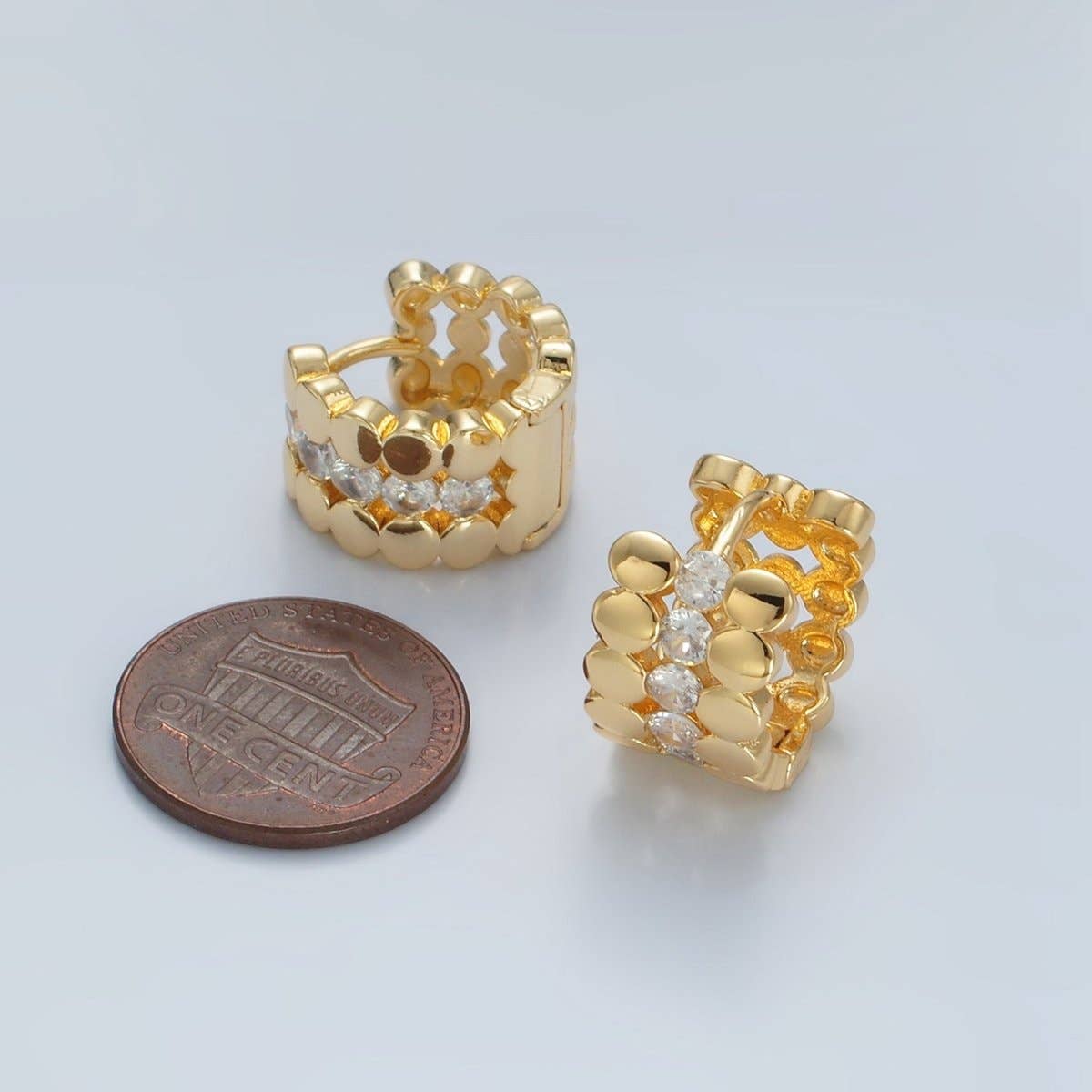 24K Gold Filled 15mm Triple Flat Round CZ Huggie Earrings | AD755