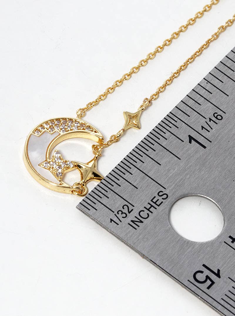 18K Gold Dipped Cz Pave Mop Crescent Moon Pendant Necklace: Rhodium