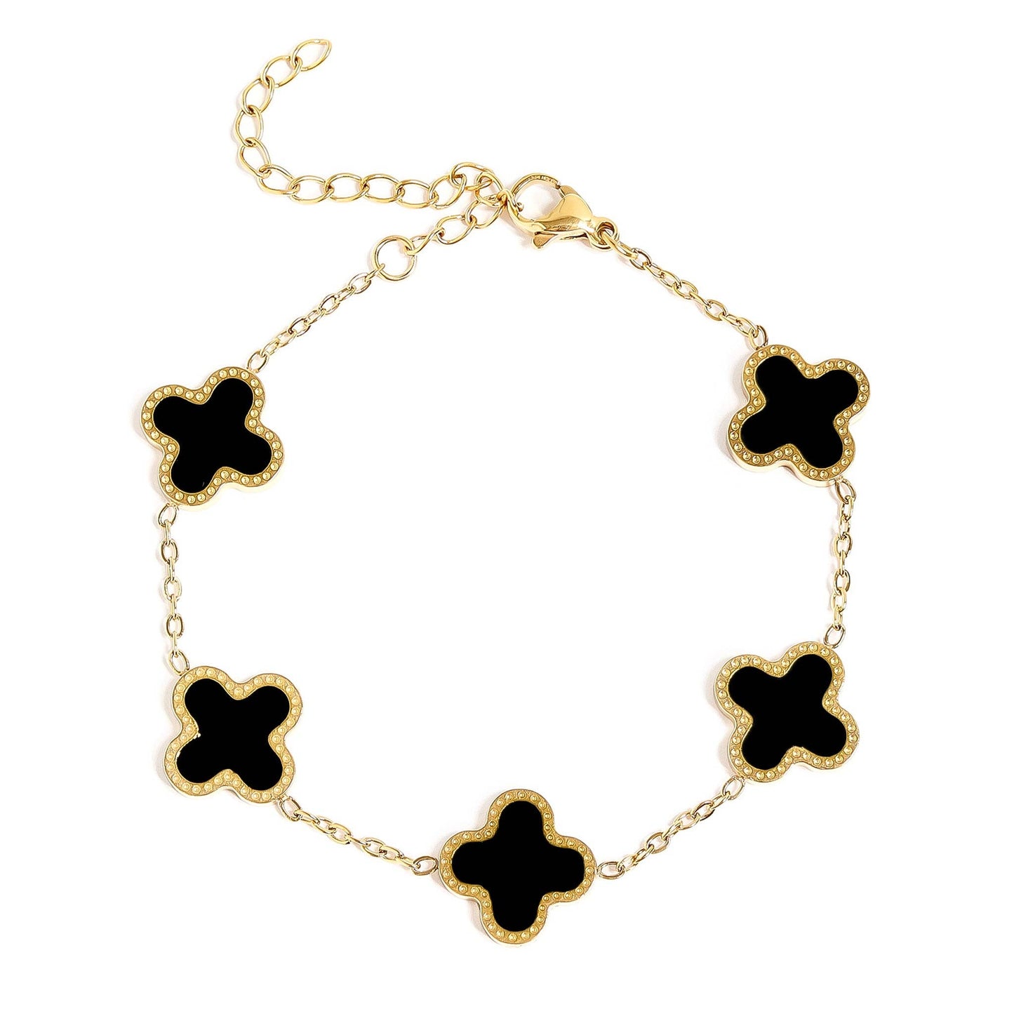 18K Gold PVD Stainless Steel Lucky Clover Charm Bracelet: Pearl / Gold