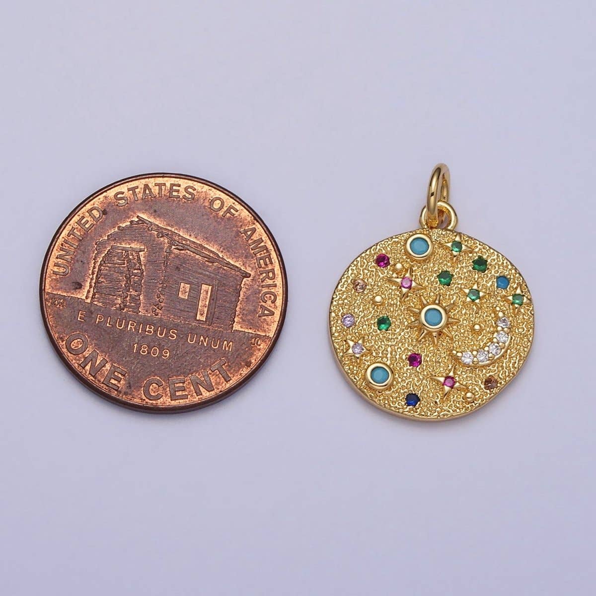 Gold Filled Celestial CZ Crescent Moon Star Sun Dotted Hammered Coin Charm in Gold & Silver | AC256 AC257: Gold