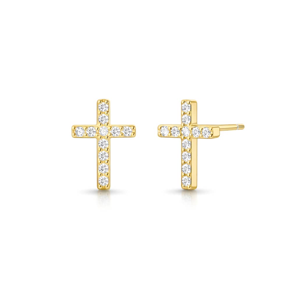 14K Gold Dipped CZ Pave Mini Cross Stud Earrings: Silver,White Gold