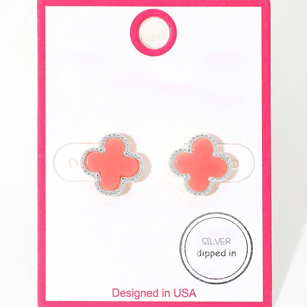 Gold Dipped Quatrefoil Stud Earrings: Red,Rhodium