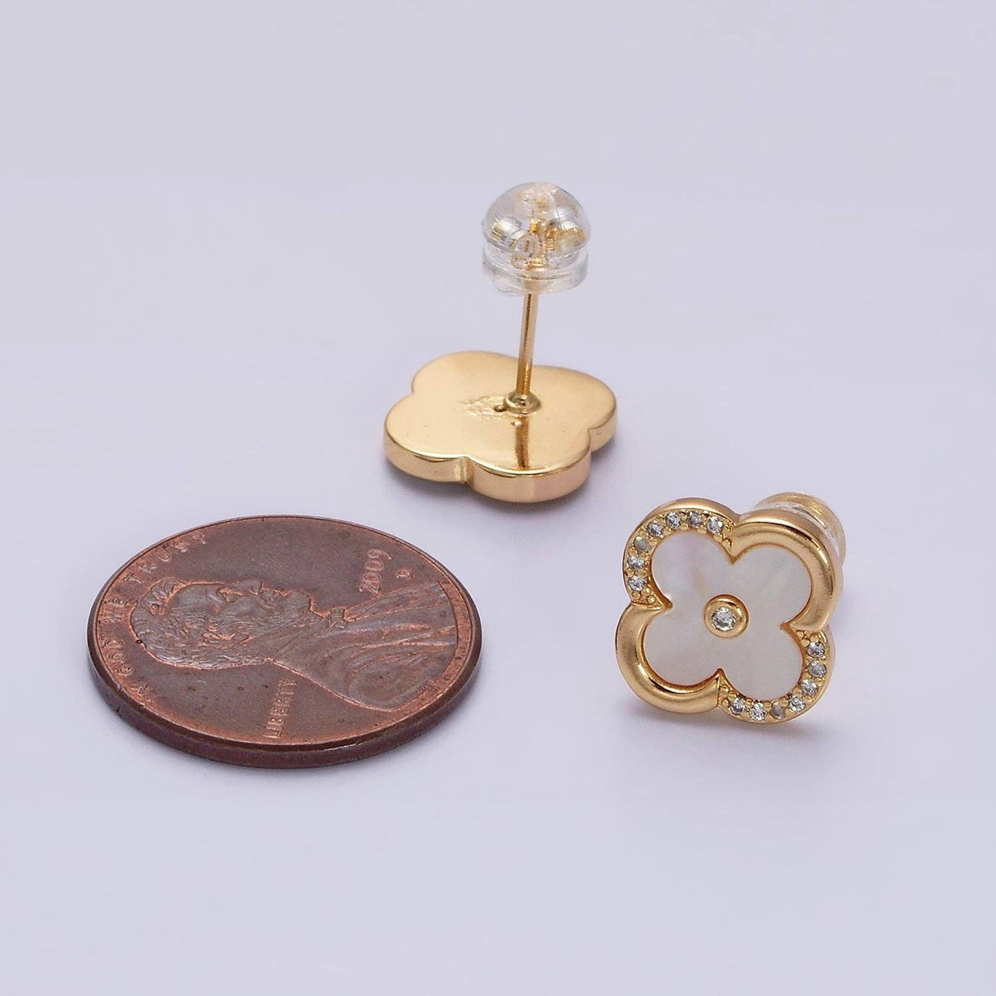 16K Gold Filled 12mm Shell Pearl Quatrefoil Clover Micro Paved CZ Stud Earrings in Gold & Silver | AB1535 AB1536: Gold