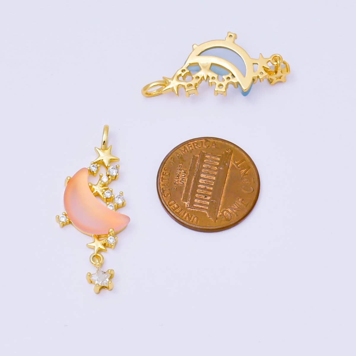 24K Gold Filled 27.5mm Micro Paved CZ Blue, Pink, Clear Stars Moonlight Set Drop Pendant | AA1628 AA1629: Blue
