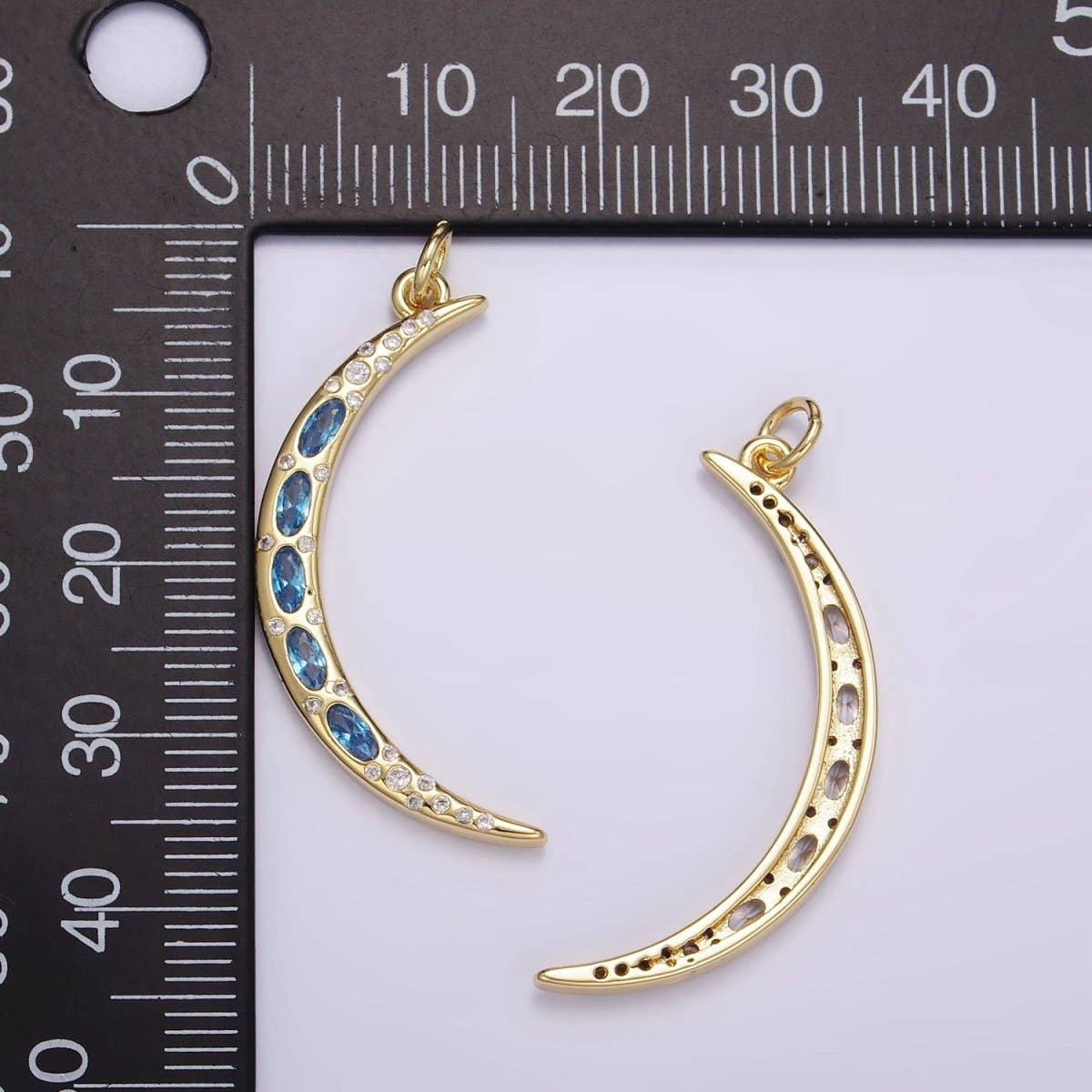 24K Gold Filled Clear, Blue CZ Dotted Crescent Moon Charm | M107: Blue