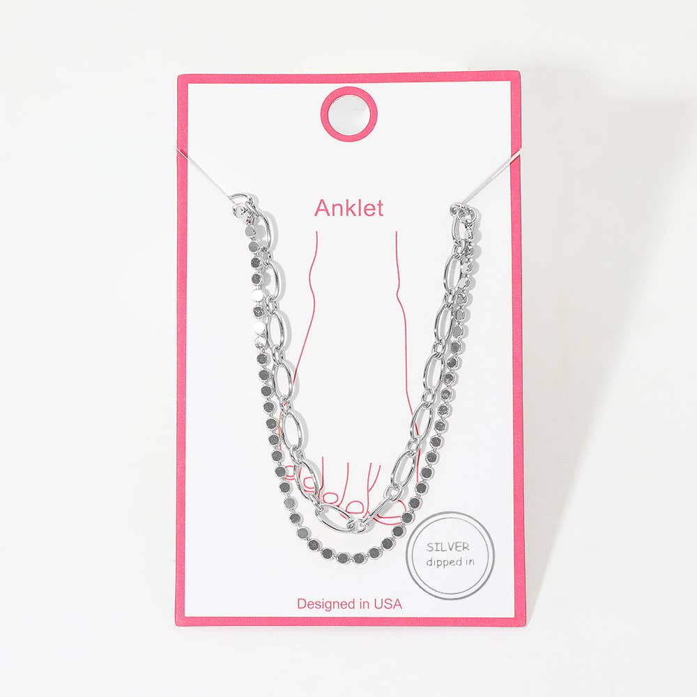 Gold Dipped Disc Paperclip Layered Chain Anklet: Gold